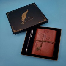 MiraLive Deri Defter ve Tükenmez Kalem Karton Kutu Kahverengi