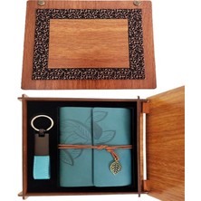 MiraLive Ahşap Kutulu Mavi Deri Defter ve Anahtarlık Set