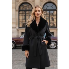 Anbly Collection Yakası ve Kolları Kürklü Kuşaklı Kaşe Kadınkaban