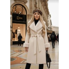 Anbly Collection Yakası ve Kolları Kürklü Kuşaklı Kaşe Kadınkaban