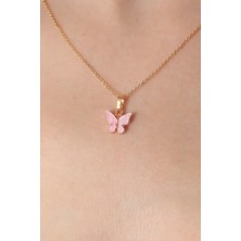 Gold Pembe Renk Kelebek Figür Kadın Kolye - Bamido