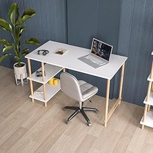 Starseven Intergo Çalışma Masası Bilgisayar Masası Ofis Ders Yemek Masası 4 Raflı Ahşap Ayaklı - Beyaz