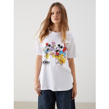 Lc Waikiki Yeni Sezon Bisiklet Yaka Mickey Mouse Baskılı Kadın Tişört