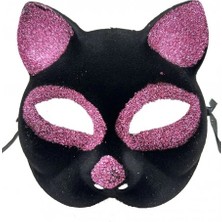 Dekofon Siyah Renk Pembe Simli Kedi Maskesi