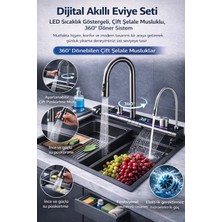 Dekofon Dijital Akıllı Eviye Seti – LED Isı Göstergeli, Çift Şelale Musluk, 360° Döner, Hidroelektrik Sistem