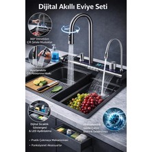 Dekofon Dijital Akıllı Eviye Seti – LED Sıcaklık Göstergeli, Çift Şelale Musluklu, 360° Döner Sistem