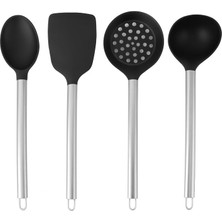 Shop A Way "4’lü Silikon ve Paslanmaz Çelik Mutfak Seti – Isıya Dayanıklı Kepçe, Spatula, Kevgir ve Büyük Servi