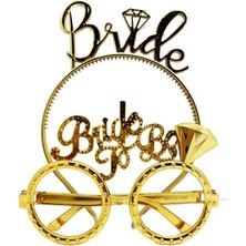 Dekofon Bride Yazılı Taç ve Bride To Be Yazılı Gözlük Seti Altın Renk