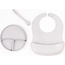 Dekofon Gri 3’lü Silikon Yemek Seti – Önlük + Diş Kaşıyıcılı Kaşık + Vakumlu Tabak