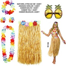 Dekofon Hawaii Parti Kostüm Seti - 60 cm Hasır Etek, Çiçekli Aksesuarlar ve Ananas Gözlük