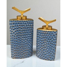 Altın Detaylı Mavi Dokulu Ikili Dikdörtgen Seramik Set