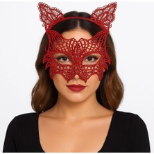 Dekofon Kırmızı Dantel Kedi Maskesi ve Dantel Taç Seti 8 No – Kadın Kostüm Aksesuarı