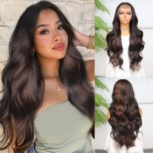 Sb Shopping Koyu Kahverengi ve Bakır Işıltılı Dalgalı Fiber Sentetik Tül Peruk