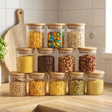 12 Adet Vakumlu Bambu Kapaklı Borosilikat Baharatlık, Saklama Kabı, Çerezlik (200 Ml) Jarpot
