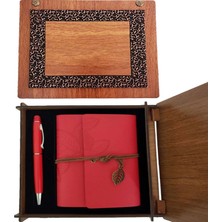MiraLive Ahşap Kutulu Kırmızı Deri Defter ve Metal Kalem Set