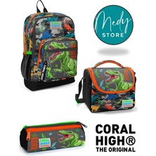 Coral High Siyah Gri Dinozor Desenli 3’lü Okul Çanta Seti
