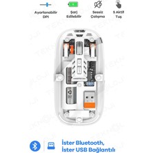TE Dükkan Bluetooth USB Çift Modlu Sessiz Mouse, Şeffaf Mıknatıslı Kapaklı, Type-C Şarjlı, Dpı Ayarlı, Kablosuz 10M Çekim Mesafeli, Masaüstü Kısayol Tuşlu, Taşınabilir Şarjlı Mouse Beyaz