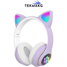 Tekmakg Stn-28 Kedi Kulaklı Kulaklık Pembe, Sevimli Kablosuz Bluetooth 5.0, Rgb LED Işıklı, Katlanabilir Kulaküstü Çocuk Kulaklığı