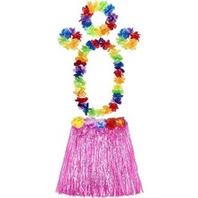Kyops Yetişkin ve Çocuk Uyumlu Luau Aloha Hawaii Pembe Etek ve Renkli Kolye Taç 2 Adet Bileklik Seti - Lisinya
