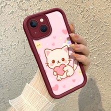 HONTINGA iPhone 15 Plus ile Uyumlu Kılıfı Düşüme Önleyici Basitlik Anti Düşme Kamera Korumali Kedi Bordo Desen Yumuşak Silikon Telefon Kılıfı Kadın ve Erkek Için Uygundur K2-7120
