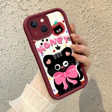 HONTINGA iPhone 15 Plus ile Uyumlu Kılıfı Düşüme Önleyici Basitlik Anti Düşme Kamera Korumali Sevimli Kedi Bordo Desen Yumuşak Silikon Telefon Kılıfı Kadın ve Erkek Için Uygundur K2-7121