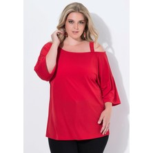 Şans Kadın Büyük Beden Kırmızı, Tek Omuz Askılı, Jarse Kumaş Bluz 65N39040