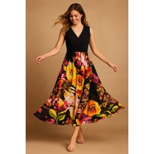 Şans Kadın Büyük Beden Siyah, Anvelop Yaka, Çiçek Desenli Viskon Elbise 65N39238