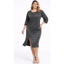 Şans Kadın Büyük Beden Gri, Ön Büzgü ve Omuz Pile Detaylı, Çiçek Nakışlı Astarsız Elbise 65N39331