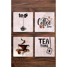 Begoloni Doğal Taş Bardak Altlığı 4'lü Set - Çay ve Kahve Temalı