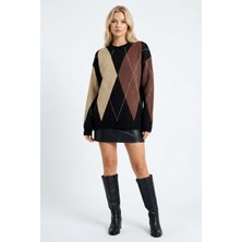 Newco Kadın Baklava Desenli Bisiklet Yaka Kahverengi Oversize Triko Kazak