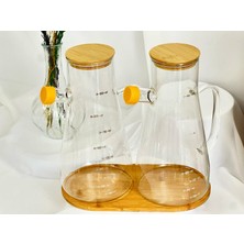 Aden Glass Bambu Kapaklı Cam Yağdanlık Seti 2’li Bambu Stantlı 900 ml Zeytinyağı ve Sirke Şişesi