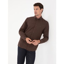 Cacharel Erkek Koyu Kahverengi Slim Fit Pamuk Karışımlı Yakası Düğmeli Flanel Gömlek 50318243-VR084