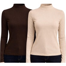 Hayalet 2'li Paket Yumuşak Dokulu Pamuk Dokuma Uzun Kol Dik Yaka Parmak Geçmeli Body Modal T-Shirt