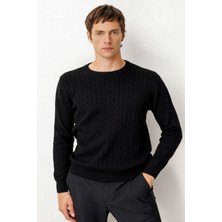 Desen Triko Erkek Sıfır Yaka Saç Örgülü Kazak Siyah