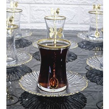 Atabey Home 18 Parça Çay Seti Elysia Model Çay Tabaklı Gold Kelebek Çay Kaşıklı 6 Bardak 6 Tabak 6 Kaşık