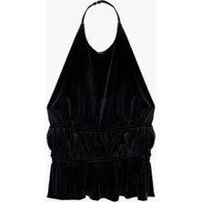 Koton Sırt Dekolte Detaylı Fırfırlı Halter Yaka Kadife Bluz