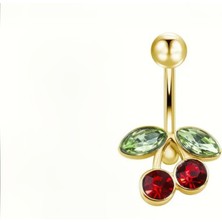 Sarıyer Silver Kiraz Model Göbek Piercing Kırmızı Taşlı Çelik Altın Kaplama Sarı Renkli