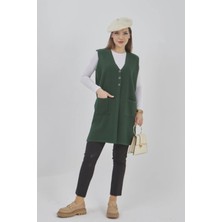 Fresh Moda Kadın Yeşil Uzun Mevsimlik Triko Düğmeli Yelek Günlük Stil Çift Cepli