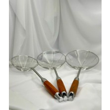 Aden Glass Paslanmaz Çelik Ahşap Saplı Profosyonel Yağ Süzgeci Kevgir Seti 3’lü (14/16/18CM) Kızartma Yağ Süzme
