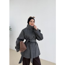 Moda Aksa Kuşaklı Dik Yaka Kaban Antrasit