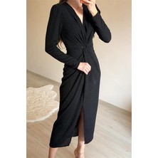 Neşeli Butik Kadın Siyah Bel Büzgü Detaylı Yırtmaçlı Midi Boy Abiye Elbise NM027