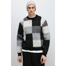 Vamos Oversize Kare Desenli Triko Kazak Siyah