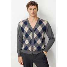 Desen Triko Erkek V Yaka Baklava Desenli Yün Hırka Füme