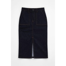 Markapia Önden Yırtmaçlı Yama Cepli Likralı Lacivert Jean Etek