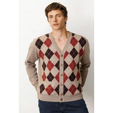 Desen Triko Erkek V Yaka Baklava Desenli Yün Hırka K.bej