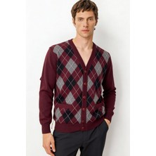 Desen Triko Erkek V Yaka Baklava Desenli Yün Hırka Bordo