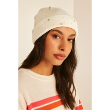 Neşeli Butik Kadın Ekru Inci ve Taş Işlemeli Triko Bere NBAKS025