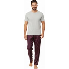 Ottoland Erkek Saten Kumaş Pijama Pantolon Düz Renk Beli Lastikli Cepsiz Geniş Paça Rahat Kesim