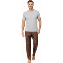 Ottoland Erkek Saten Kumaş Pijama Pantolon Düz Renk Beli Lastikli Cepsiz Geniş Paça Rahat Kesim