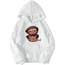Brz Collection Unisex Oversize (Beyaz) Be Real No Cap Grillz Tee Hoodie (Beyaz)